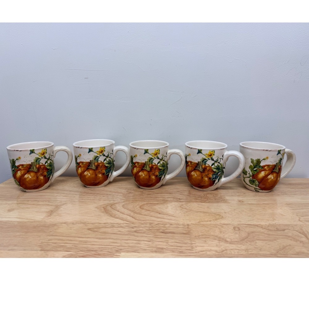 Pier 1 Imports Pumpkin Patch Ironstone Mugs Set of 5 Fall Harvest Coffee Cups#68